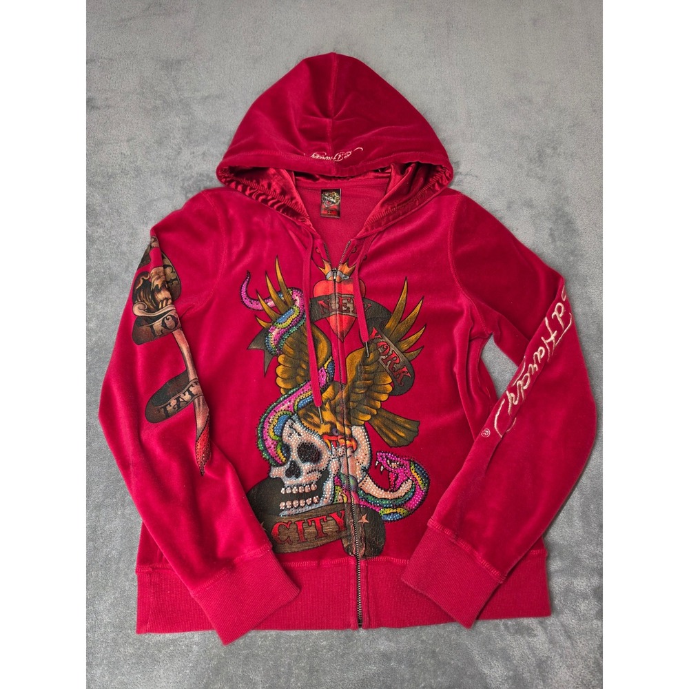 Ed Hardy Red Velour Rhinestone Skull Hoodie Y2K Christian Audigier Large
